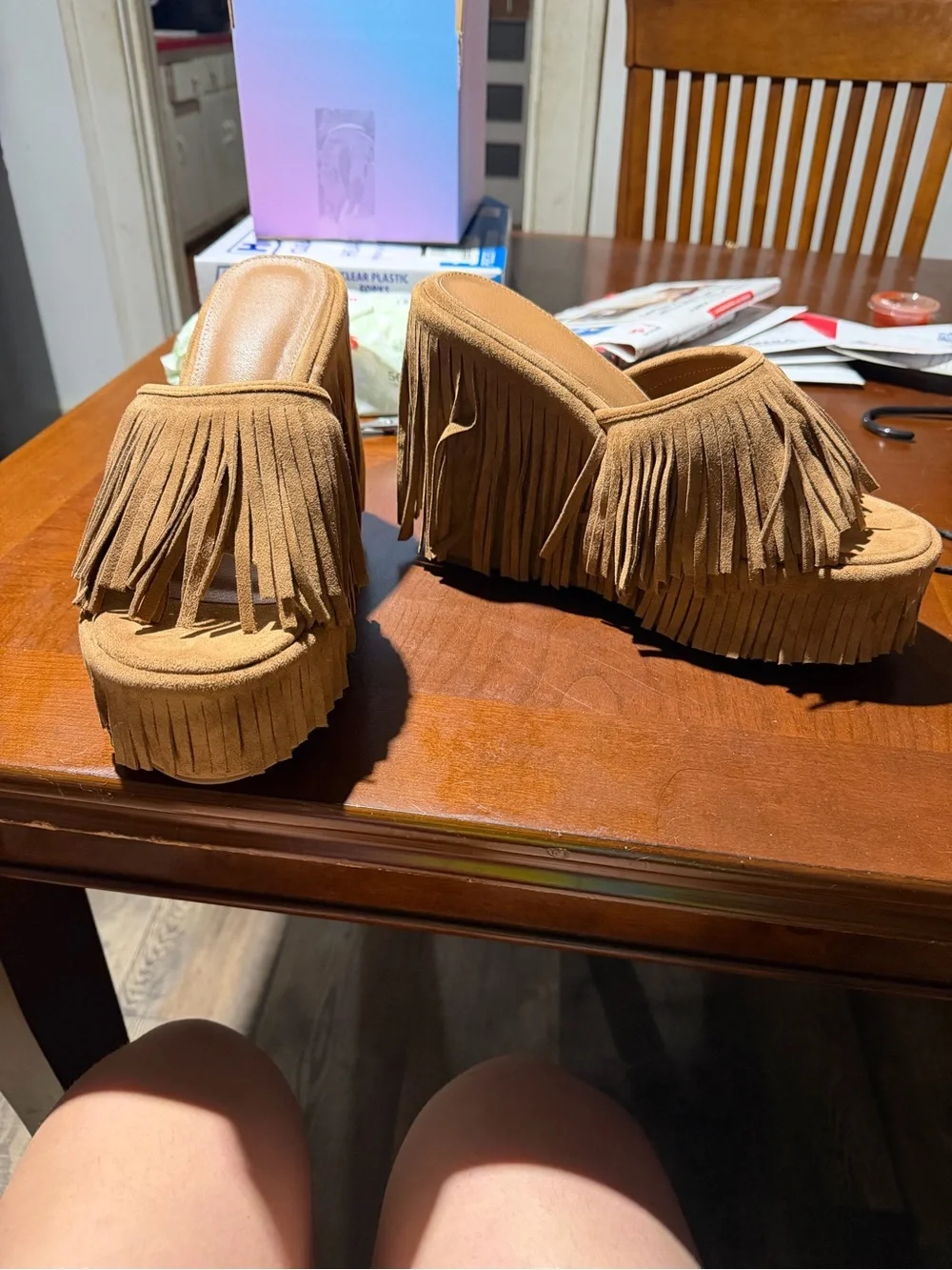 Fringe Platform Slip-On Sandals - Tan